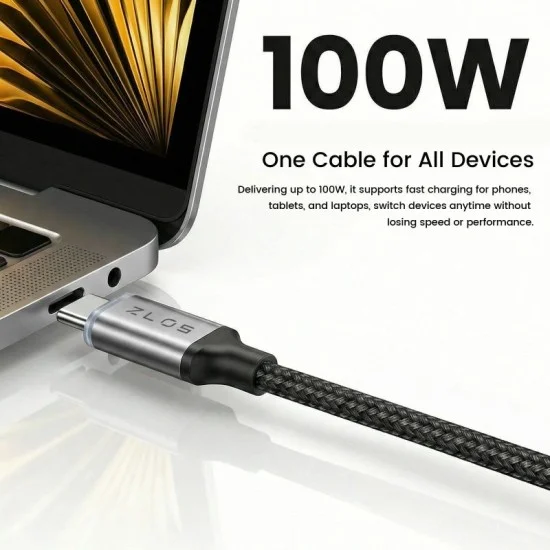 Zlos 100W USB-C to USB-C Cable Full Protocol Super Fast Charging - Black / Grey